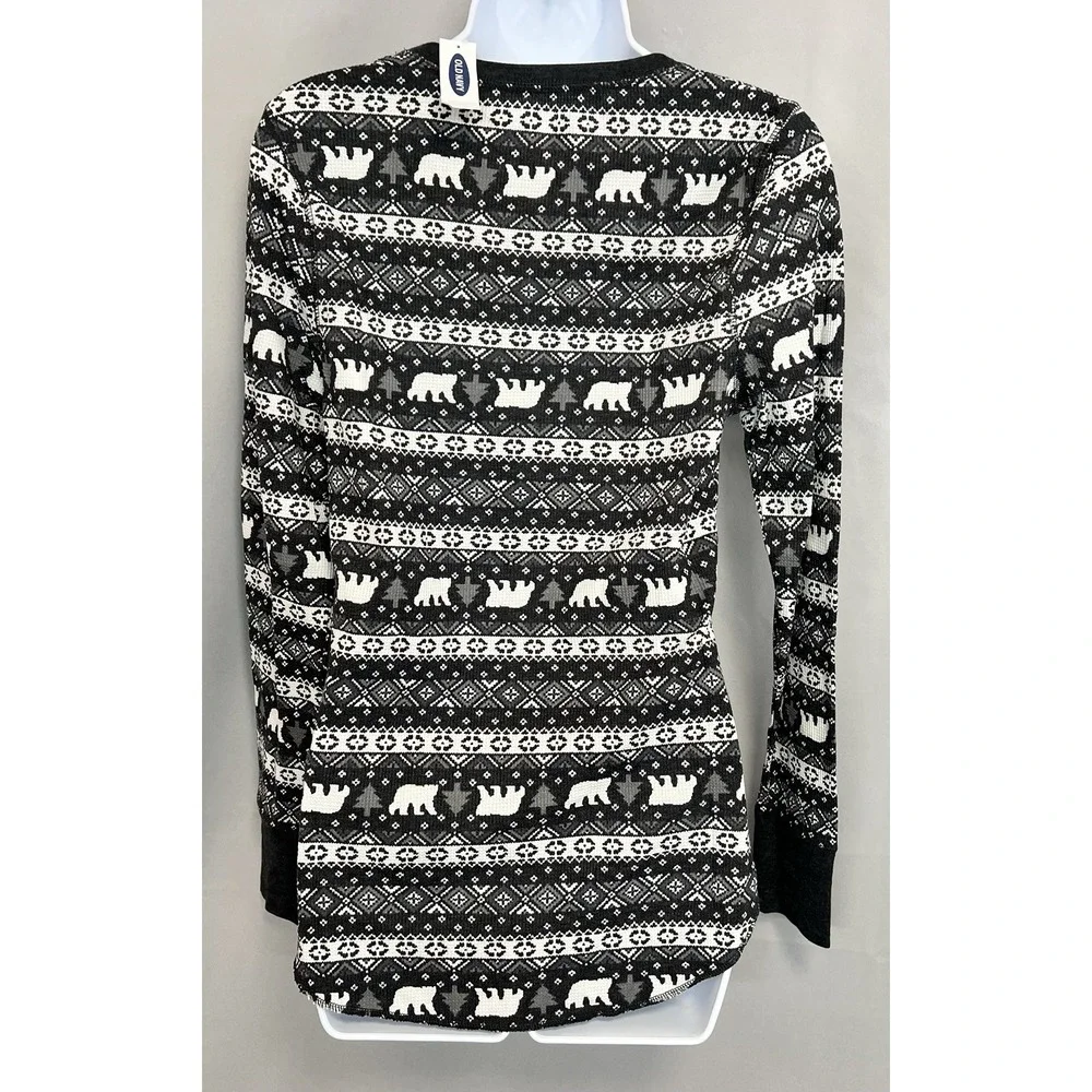 Old Navy NWT Woman Juniors L Nordic Fair Isle Black/Gray Waffle Knit Thermal Top